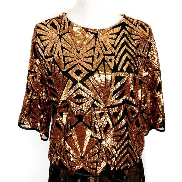 New Everly Sequin Gold Copper Geometric Pattern Glam Party Top Sz M - Picture 12 of 16